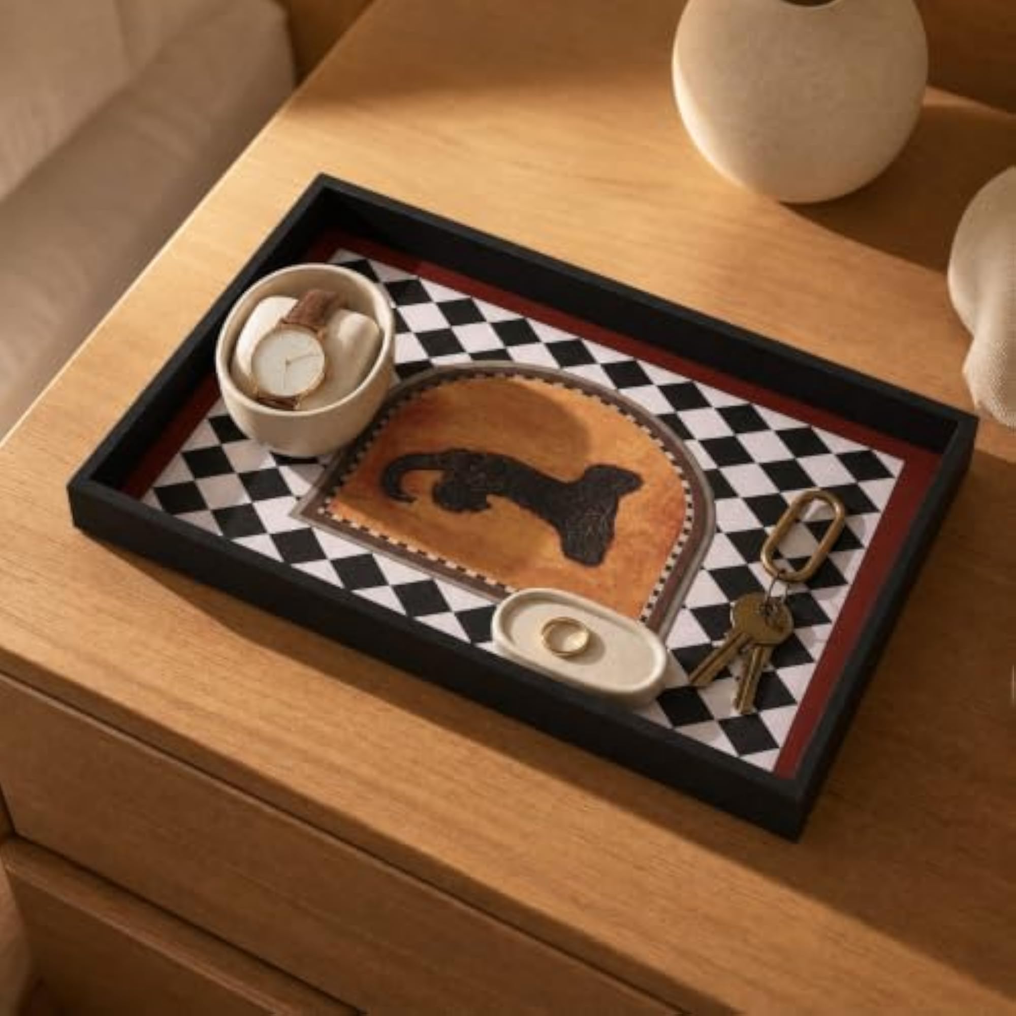 Stylish Rectangular Desktop Storage Tray, Checkerboard Motif